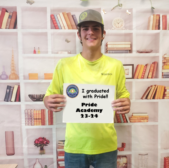 PrideAcadBISD's tweet photo. Congrats Kade McCain, the first official graduate from Pride Academy in the 2023-2024 school year! #Congratulations #graduate #brenhamisd #excellent https://t.co/L5HHtyL9kS