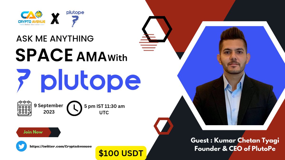 CryptoAvenuee's tweet photo. 🎙️𝗖𝗿𝘆𝗽𝘁𝗼 𝗔𝘃𝗲𝗻𝘂𝗲 𝗪𝗶𝗹𝗹 𝗯𝗲 𝗛𝗼𝗹𝗱𝗶𝗻𝗴 #𝗧𝘄𝗶𝘁𝘁𝗲𝗿𝗦𝗽𝗮𝗰𝗲𝗔𝗠𝗔 𝘄𝗶𝘁𝗵 𝗣𝗹𝘂𝘁𝗼𝗣𝗲𝗢𝗳𝗳𝗶𝗰𝗶𝗮𝗹

🎁Prize: $100 $USDT
📆Date: 9th September 2023 At 
5 pm IST 11:30 am UTC
🏨 Venue: https://t.co/1yNmqT8IG3

〽️ Rules:

1️⃣.Follow 

@CryptoAvenuee 

&

@Plutopeio

2️⃣. Like Retweet & Comment Your Questions (5Questions Max) Tag 3 friend