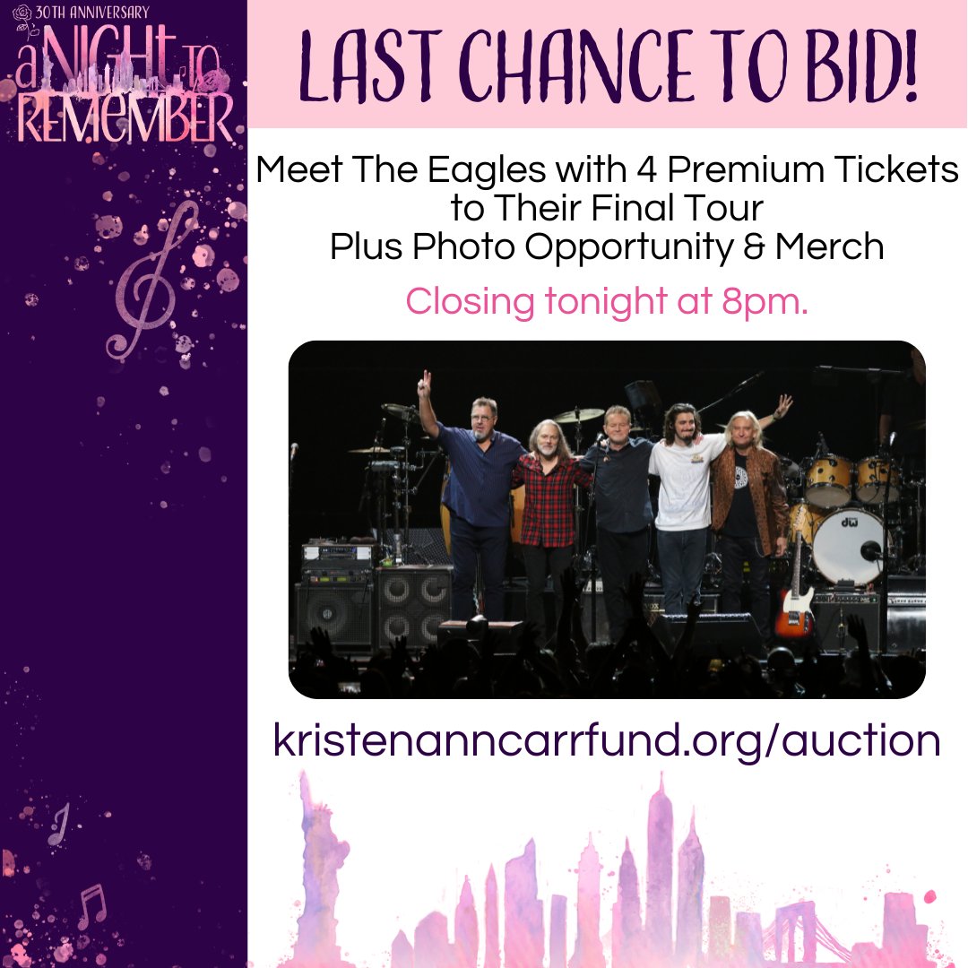 Last chance to bid on this amazing opportunity to meet The Eagles with 4 premium tickets to Their Final Tour Plus Photo Opportunity &amp; Merch! Bid now at kristenanncarrfund.org/auction. Bidding closes tonight at 8pm.

#bidnow #Eagles #livemusic #auction #KACF #antr2023 #KACFund