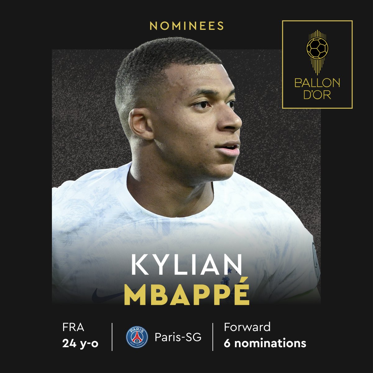 ballondor's tweet photo. Nominated for the 2023 Ballon d’Or  

@KMbappe 
@PSG_inside 
@equipedefrance  

#ballondor https://t.co/Do7KRf3zmu