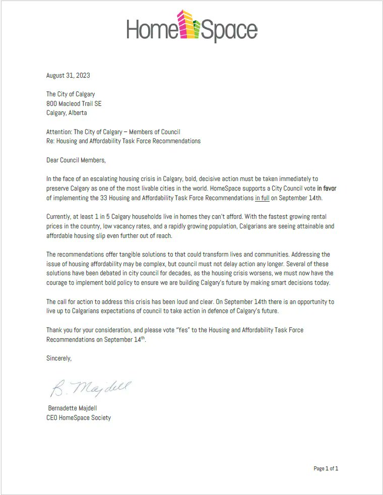 In the face of an escalating housing crisis in Calgary, bold, decisive action must be taken immediately. HomeSpace supports City Council vote in favor of implementing the 33 Housing & Affordability Task Force Recommendations in full on September 14th. #YYCcc #affordablehousing