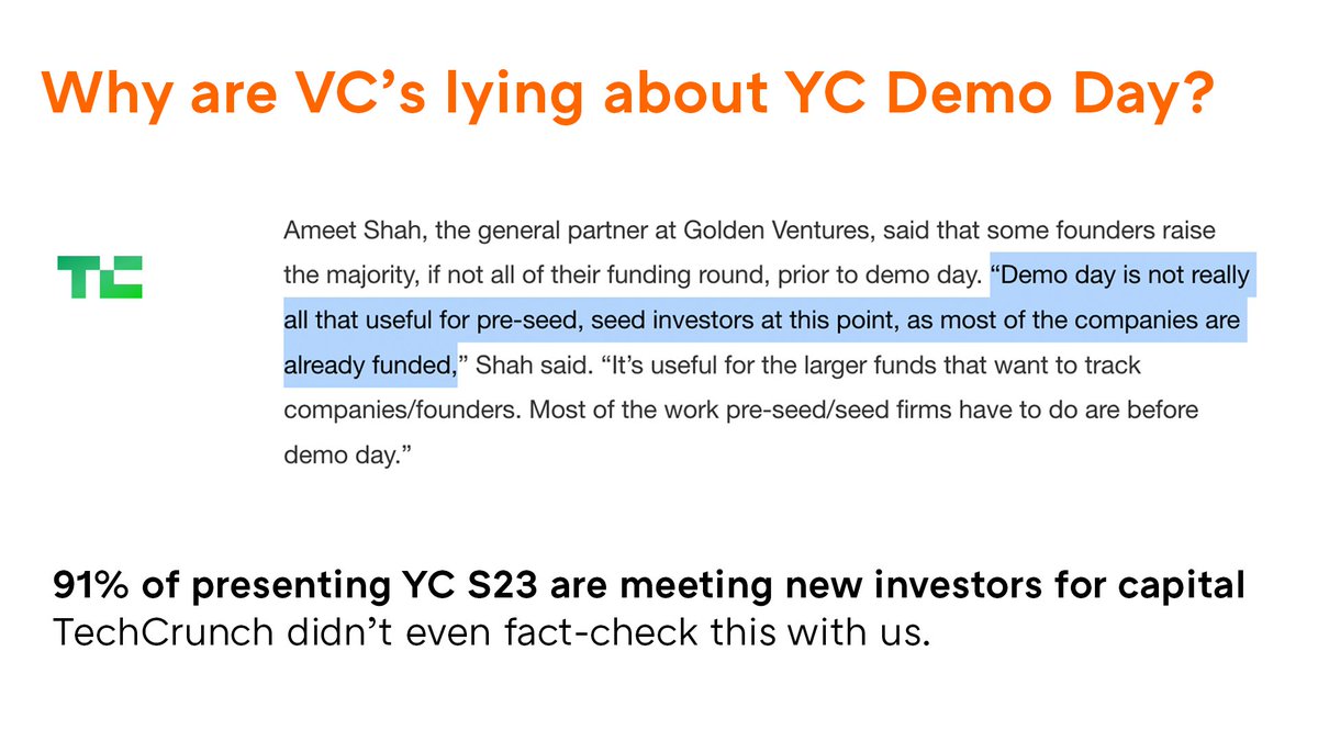 FACT: 91% of YC companies presenting at S23 are in fact raising money at Demo Day.   

Warning: VC's are lying about YC and YC Demo Day, and TechCrunch isn't even doing the courtesy of fact-checking these lies with us so we can set the record straight.