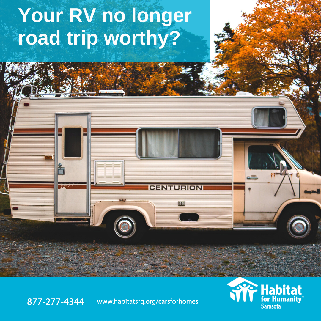 Did you know our Cars for Homes program doesn't just accept cars? We'll gladly accept your RV, motorcycle, boat, or construction equipment! Help us make a difference in our community &amp; build affordable homes for Sarasota families. Visit habitatsrq.org to learn more.