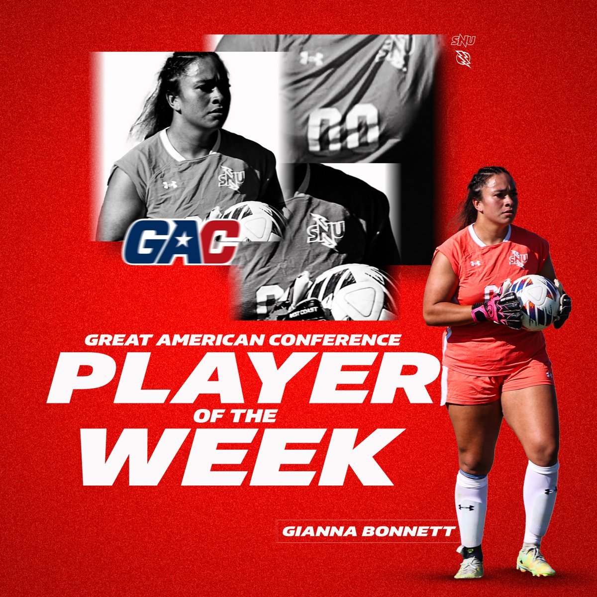 SNUAthletics's tweet photo. Move over for 2️⃣ @SNUSoccerW GAC Players of the Week! 

⚡️ Bella Morgas - 4 goals
⚡️ Gianna Bonnett - 9 saves

Both ladies helped the Storm to TWO shutout wins to open the 2023 season!

#BolstUp⚡️ https://t.co/vb5Vx0pmxE