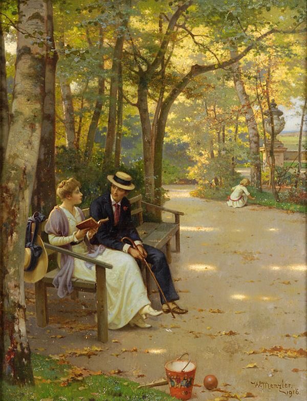 “It turns out I'm absolutely terrible at staying away from you. It's a very serious problem.”
    — unknown

Wilhelm Menzler (1846 - 1926)

Conversation in the Park, 1916