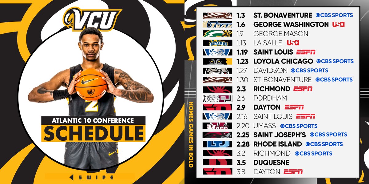 Our @A10MBB schedule is out! The race is on! 🎟️ shorturl.at/nuTY5 📅 shorturl.at/loDY5 🗒️ shorturl.at/sAFM3 #LetsGoVCU