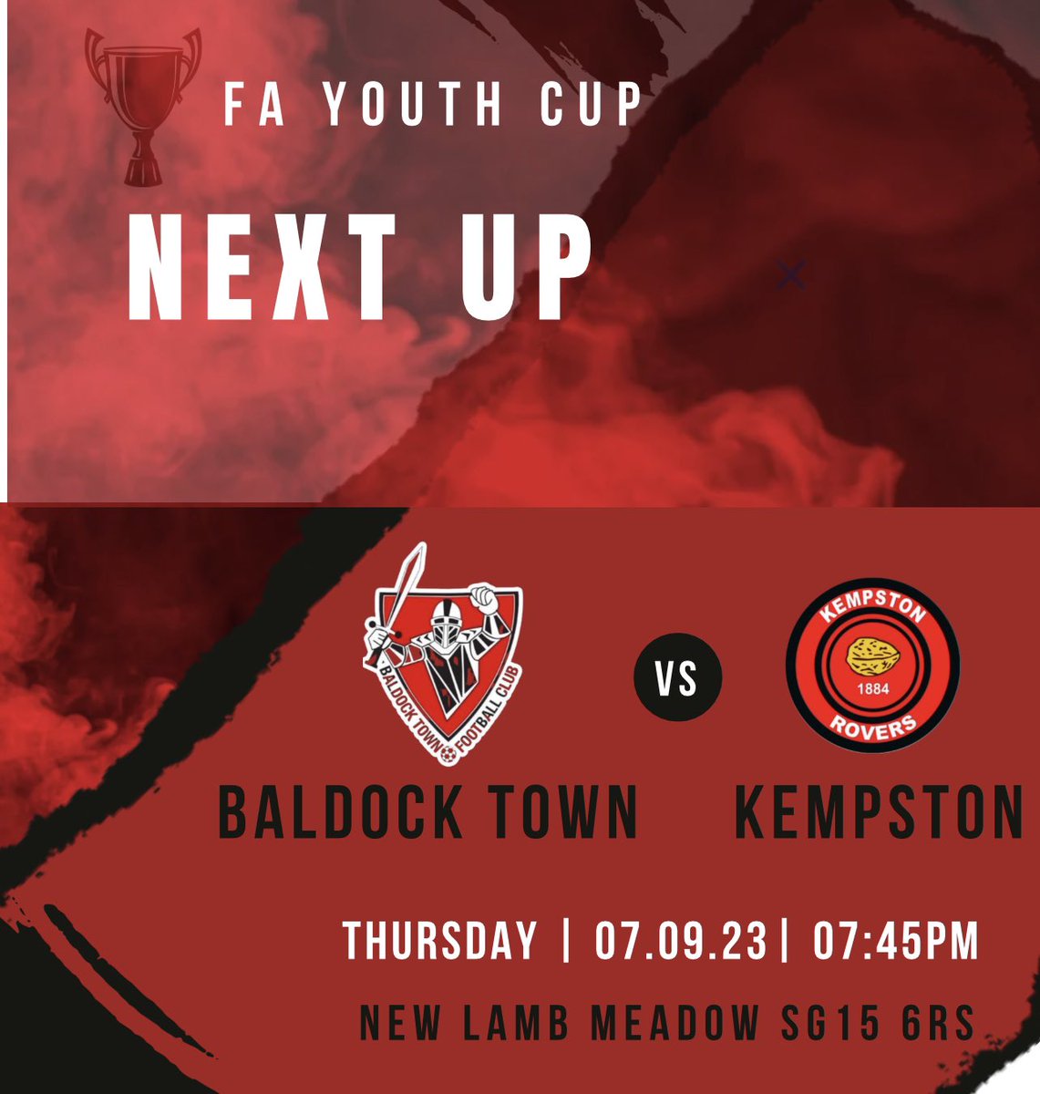 FA YOUTH CUP TIME🔴

Tomorrow we welcome <a href="/Kempston_Rovers/">Kempston Rovers FC</a> U18s  to New Lamb Meadow 

Support is welcome 🔴

#OneTown #OneClub
