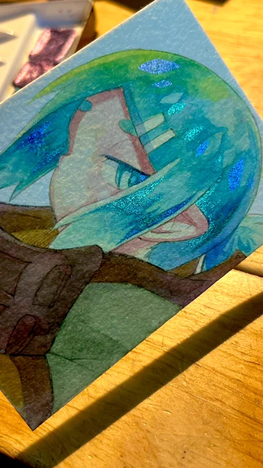カラーインクと偏光ラメ絵具で 