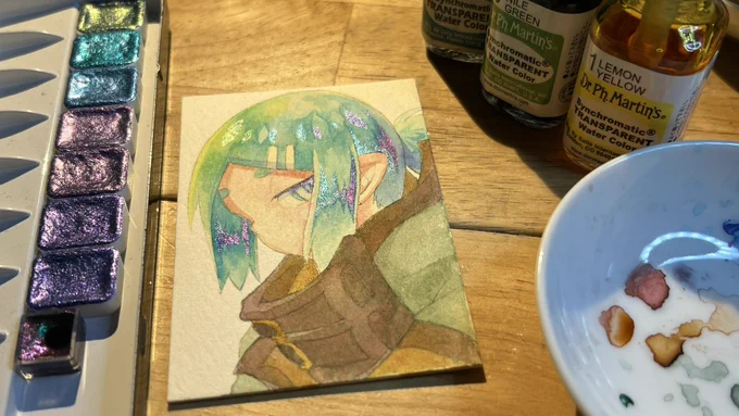 カラーインクと偏光ラメ絵具で 
