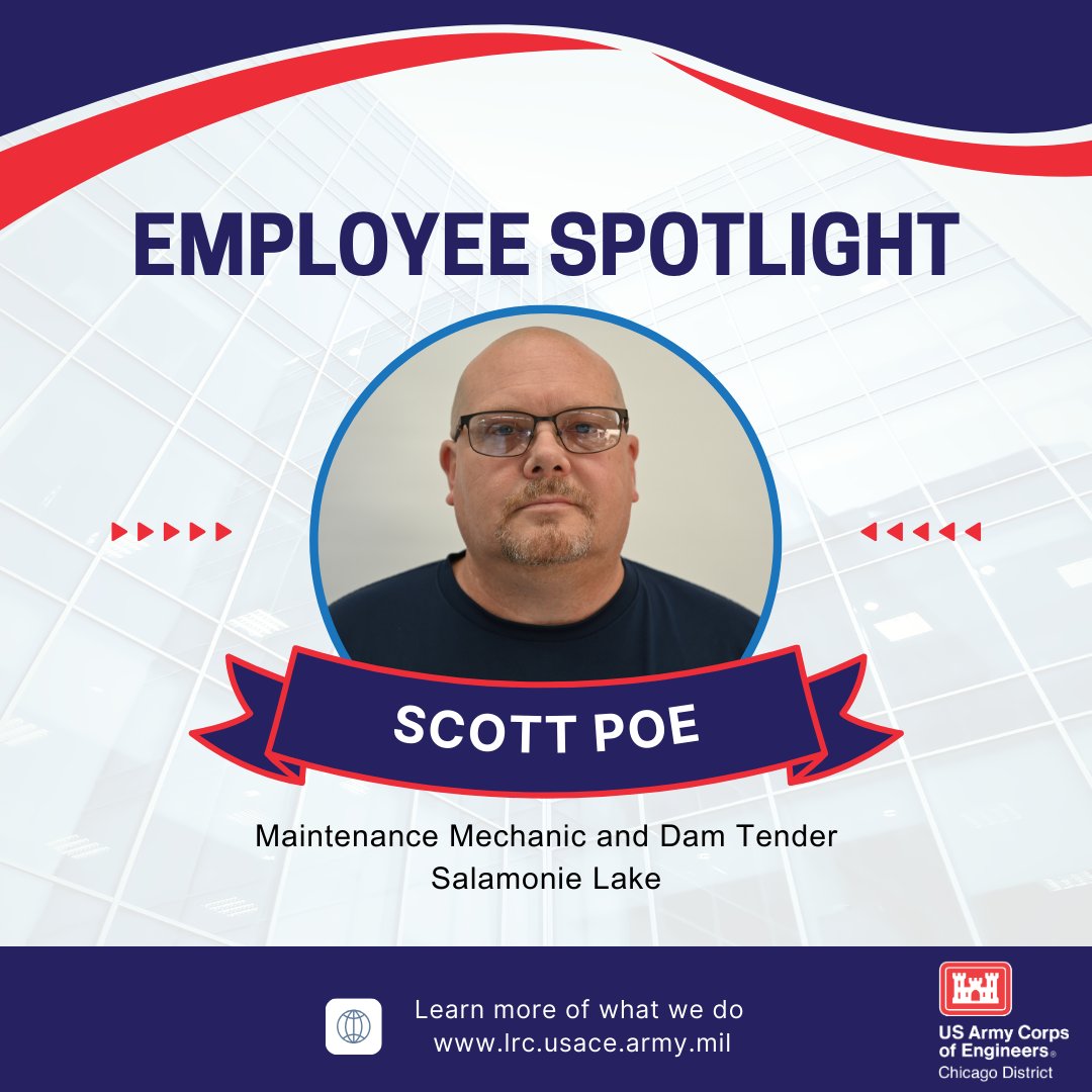 usacechicago's tweet photo. It's Employee Spotlight time!! Meet Scott Poe, a Maintenance Mechanic and Dam Tender with #USACEChicago!
Learn more about Scott by checking out our other social media accounts by clicking the link below.
https://t.co/Xv7BdLTMB7 https://t.co/juXINZXZW7