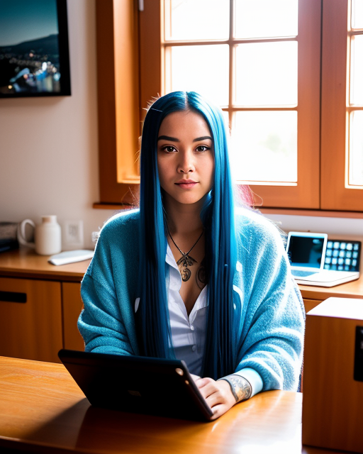 zero2zedGaming's tweet photo. Blue Hues and Productivity: A Woman in a Cardigan at Her Kitchen Table #art #generativeart #artificialintelligence #machinelearning #aiartcommunity #ai #aiart #AIArtwork #digitalart #bluehair #bluecardigan #tablet #tabletcomputer #kitchen #woman https://t.co/UIJQp3dHXk