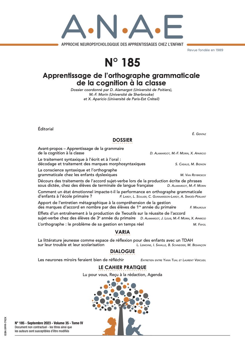 Améliorer la production écrite à l'école : parution prochaine du numéro ANAE 185 "Apprentissage de l’orthographe grammaticale de la cognition à la classe" coord. par <a href="/Denis_Alamargot/">Denis Alamargot</a> <a href="/MF_Morin_UdeS/">Marie-France Morin</a> <a href="/Aparicio_UPEC/">Xavier Aparicio</a> avec <a href="/UnivPoitiers/">Université de Poitiers</a> <a href="/UPECactus/">UPEC</a> <a href="/USherbrooke/">Université de Sherbrooke</a>