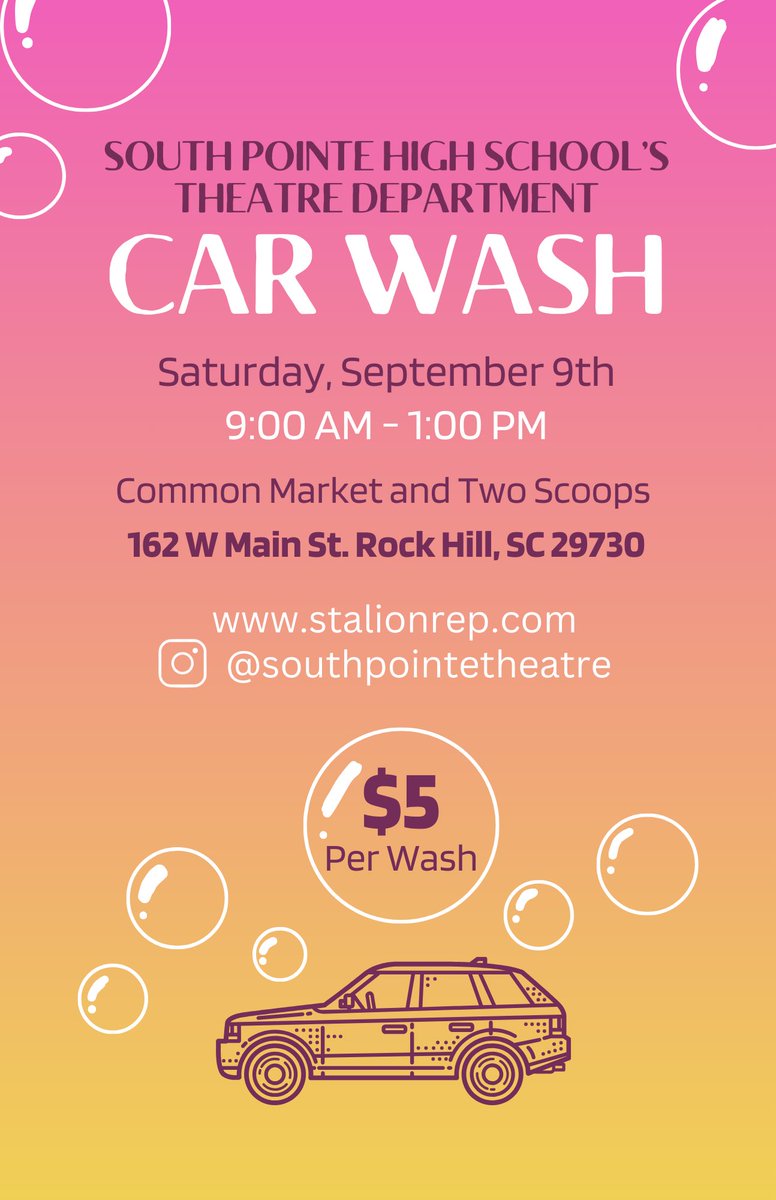 STALLION REP THEATRE IS HAVING A CAR WASH! Saturday, September 9th from 9:00am to 1:00pm, stop by and get your car washed! You can pay at the wash OR purchase a ticket from one of the When She Had Wings cast/production team members! SEE YOU THERE! @southpointetheatre