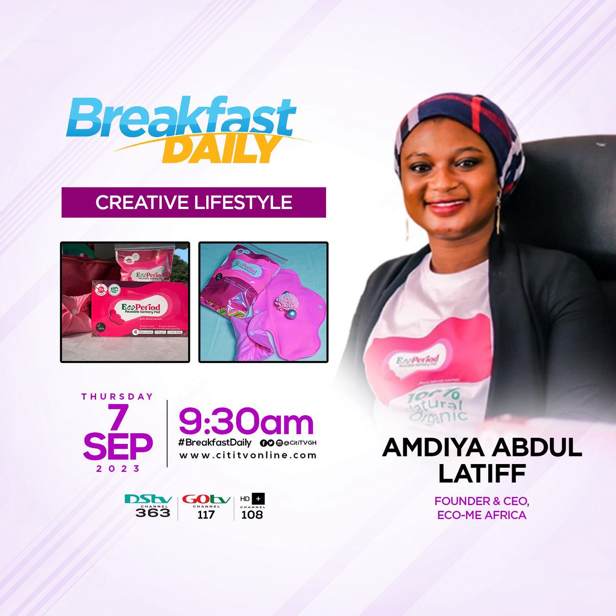 Join us tomorrow on  #Cititv Breakfast Daily at 9:30 am as we discuss sustainable menstrual health and waste solutions in Ghana. The segment will be airing on  #DStv  #GoTV  and @HD+Channel

 #sustainablebusiness #menstrualhealth #menstruationmatters #greenproducts #ecoperiodpad