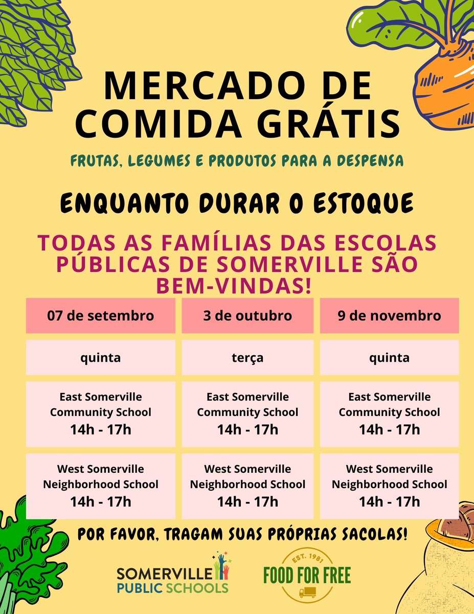 All Somerville families are invited to the free food market tomorrow from 2-7p at the East and West. Please check out the flyer for more information and please bring your own bags.