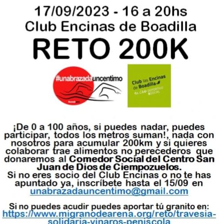 Nueva fecha! 17/9 os invitamos al reto 200k. Nadar;200Km, y recolectar mínimo 200 kilos de alimentos no perecederos.*No socios deben enviar nombre y apellidos a unabrazadauncentimo@gmail.com. antes 1509. Si no puedes venir colabora en:
migranodearena.org/reto/travesia-…