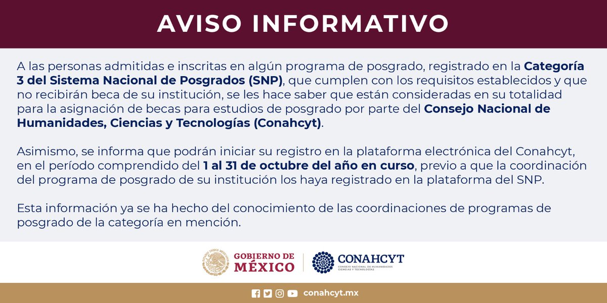 Aviso informativo | Categoría 3 Sistema Nacional de Posgrados