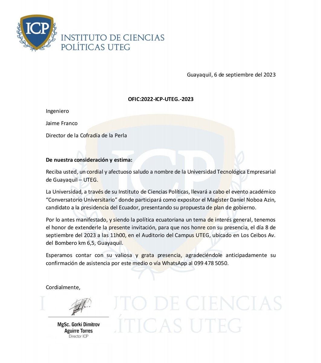 LaCofradiaPerla's tweet photo. La Cofradía de La Perla agradece a @UTEG_ICP @UTEG_ec por la invitación para asistir a la exposición de la PROPUESTA PLAN DE GOBIERNO de @DanielNoboaOk https://t.co/KAZnxM3nEk