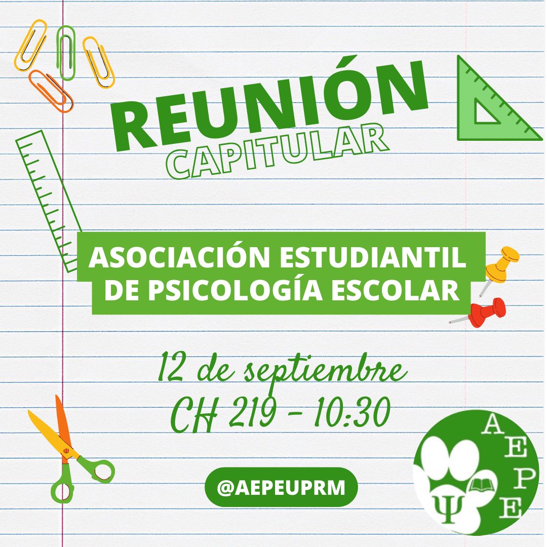 💚¿Interesadx en la psicología escolar? 💚

Acompáñanos el martes 12 de septiembre (CH 219 - 10:30) en la primera reunión capitular de AEPE. 

💚AEPE es una asociación que acepta estudiantes de cualquier departamento y nivel 💚
