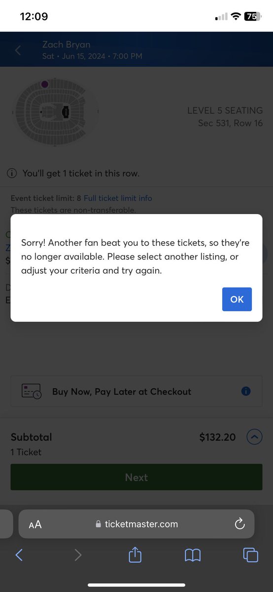 Been trying for almost an hour and a half and this is the only message I’ve gotten for <a href="/zachlanebryan/">Zach Bryan</a> tickets… I just wanna scream cry my fave songs 😭