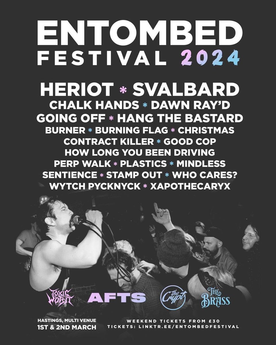 Final Entombed Festival line up is heeeere 🤩
Featuring <a href="/heriotmetal/">HERIOT</a> <a href="/Svalbardband/">Svalbard</a> <a href="/DawnRayd/">Dawn Ray'd</a> <a href="/hangthebastard/">HangTheBastard</a> @burnermetal    and more!
Tickets toxicwotsit.square.site/product/entomb…