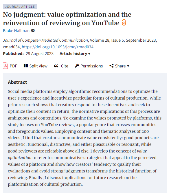 We’re excited to introduce the newest #jcmc publication 'No judgment: value optimization and the reinvention of reviewing on YouTube' by @blakeplease! Read it here: doi.org/10.1093/jcmc/z…