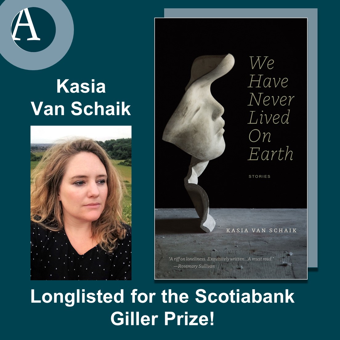 Kasia Van Schaik’s book of short stories, WE HAVE NEVER LIVED ON EARTH, is longlisted for the #ScotiabankGillerPrize!

@KasiaJuno, your team is SO excited:
@Doug_Hild, @MLobkowicz, @CathieCrooks, Duncan Turner, Alan Brownoff, Elisia Snyder, @MatBuntin,
@kimmy_beach, Mary Lou Roy