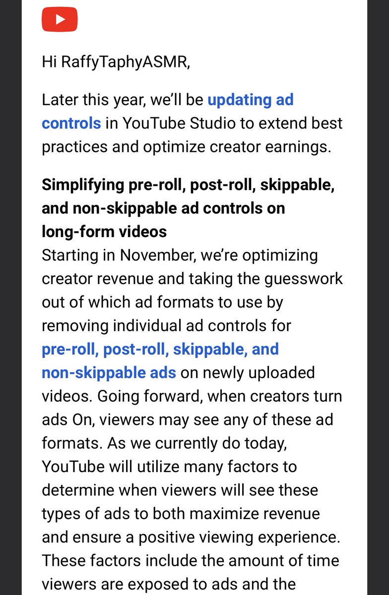 FYI <a href="/YouTube/">YouTube</a> is taking away the ability to remove post roll ads starting in November. Terrible news for the ASMR community 👎 <a href="/YTAdvertisers/">YouTube Advertisers</a> <a href="/YouTubeCreators/">YouTube Creators</a>