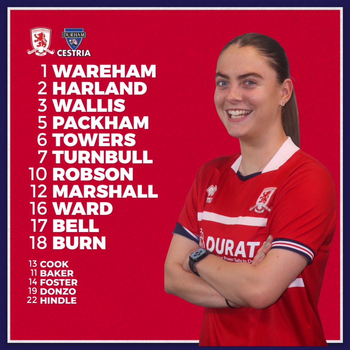 BoroWomen's tweet photo. Here’s the #Boro line-up to face @DurhamCestria this evening 📋 

Jane Harland and Fran Ward make their first starts of the season ⚽️ 

#UTBW https://t.co/7b6fIZ60zu