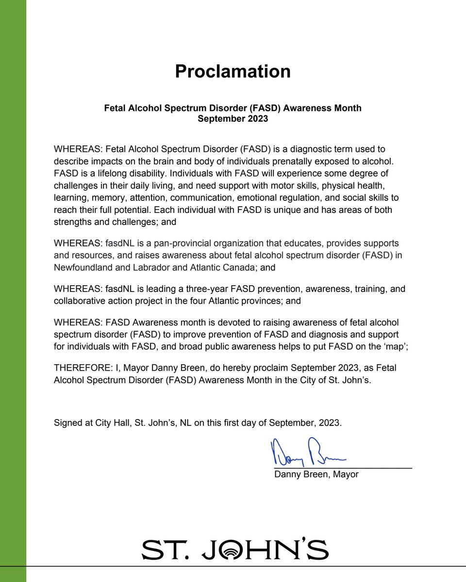 FASDNL_Team's tweet image. The @CityofStJohns, NL proclaims September as FASD Awareness Month!

Thank you Mayor @DannyBreenNL for recognizing our cause and helping raise awareness about FASD.

💻 stjohns.ca/en/index.aspx

#proclamation #FASD