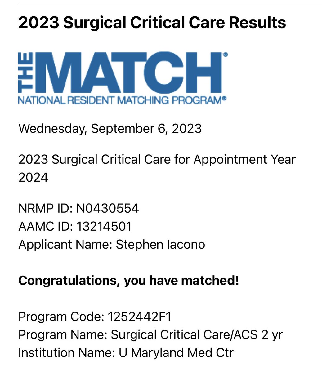 Cannot express my gratitude!  To all my mentors, family, all my friends and co residents thank you for this. I will make you all proud. Next step Baltimore
#trauma <a href="/ShockTrauma_CC/">Shock Trauma Center Critical Care Fellowship</a> <a href="/UofMaryland/">Univ. of Maryland</a> <a href="/RachelChoron/">Rachel L. Choron, MD FACS</a> <a href="/SurgEdMD/">Mayur Narayan</a> <a href="/rwjsurgery/">Rutgers RWJMS Surgery</a> <a href="/TheNRMP/">NRMP®</a> <a href="/MaloneyNell/">Nell Maloney Patel</a>