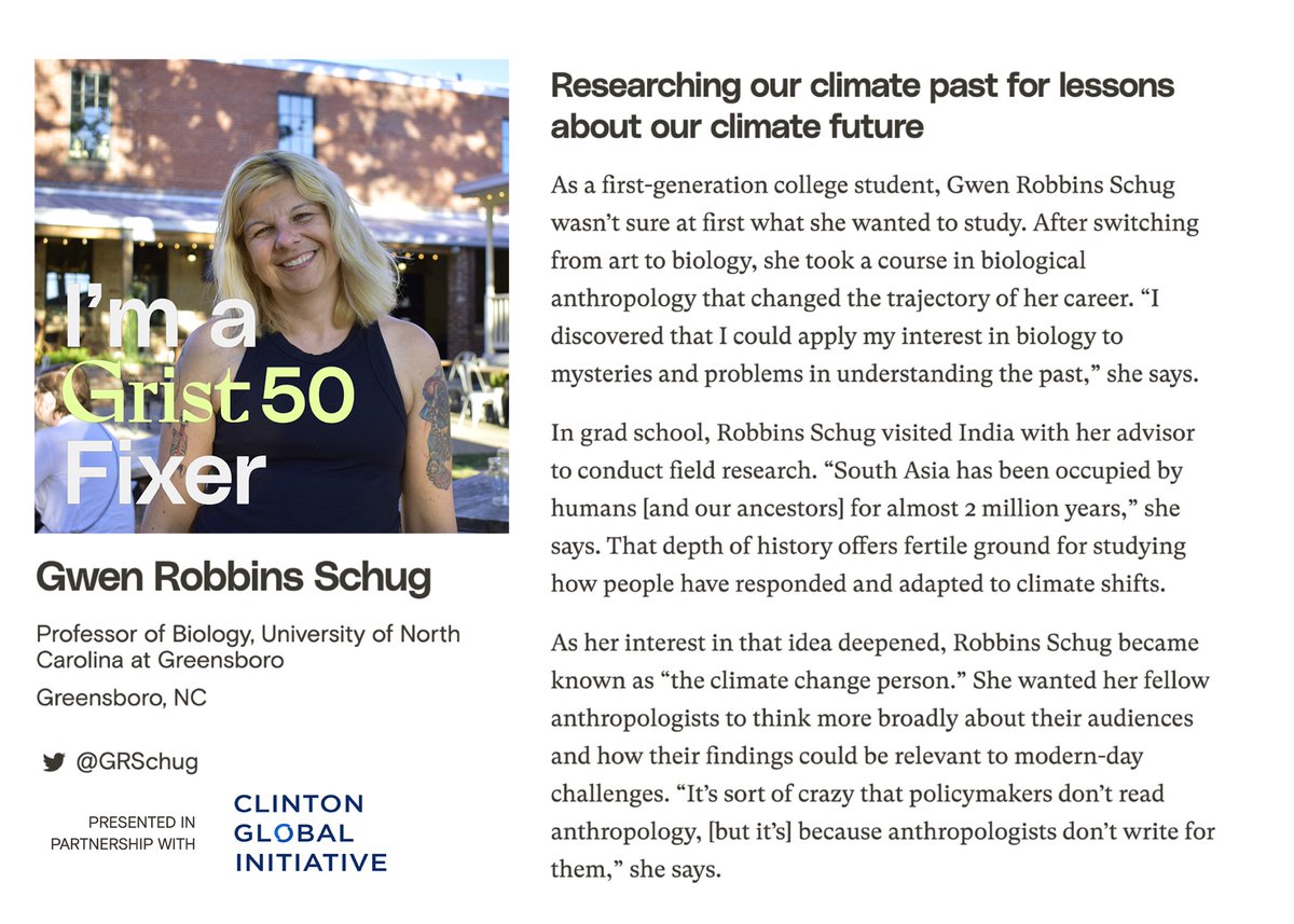 bio_uncg's tweet photo. 50 climate leaders were selected by @grist to tell their stories &amp; drive innovative solutions to our planet’s biggest problems. @GRSchug is among those #grist50 🎉 bringing biological anthropology to the forefront of climate action 🔍 https://t.co/vMbAzIBXcH https://t.co/ktdvnuGHe3