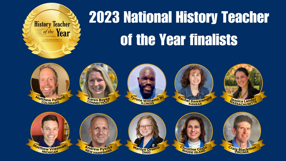 Gilder_Lehrman's tweet photo. Congratulations to the finalists for the 2023 National History Teacher of the Year! 

See the full list here: https://t.co/FZ16owKri9

Stay tuned for the announcement of the 2023 National History Teacher of the Year this fall.
#sschat https://t.co/3EXp5yXYHz