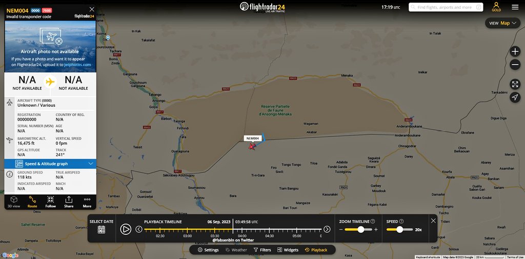 MounkailaSani1's tweet photo. #Niger🇳🇪
Tôt ce matin vers 04h40 (heure de Niamey), un drone #Bayraktar TB2 de l'armée de l'air #Nigérienne 🇳🇪semble revenir du territoire #Malien🇲🇱 vers le #Niger 🇳🇪 (a traversé la frontière à 30km à l'est d'#Inates(Tillabery) ) puis a continué vers l'ouest.
@fabsenbln https://t.co/mlHPPf09zi