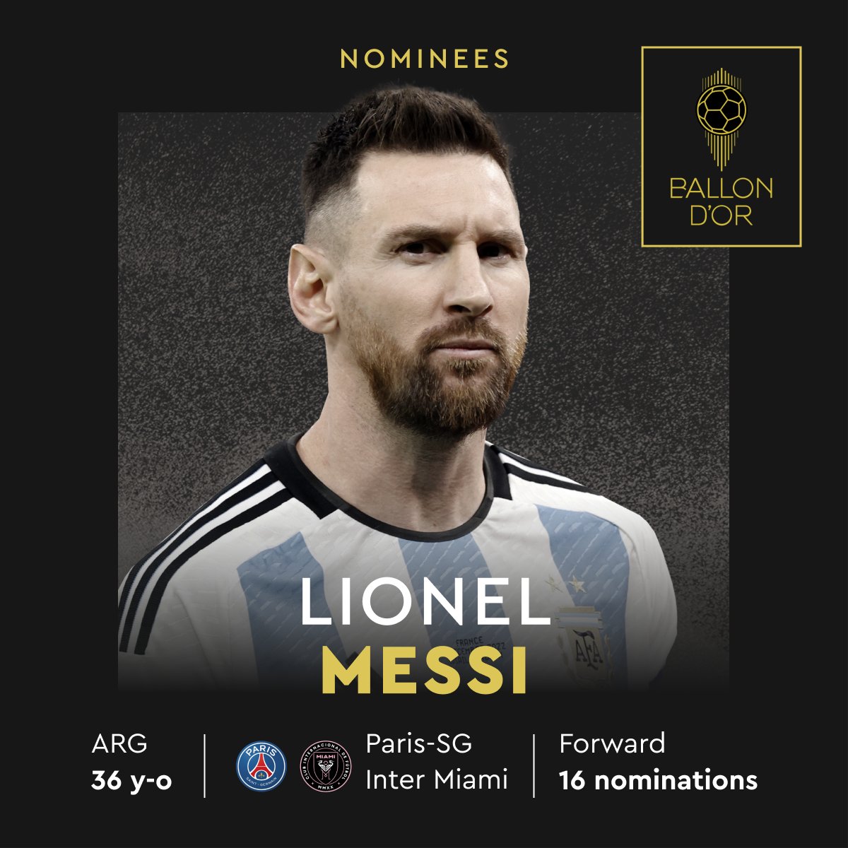 Lionel Andrés Messi, nominado por décima sexta vez al Balón de Oro 2023.