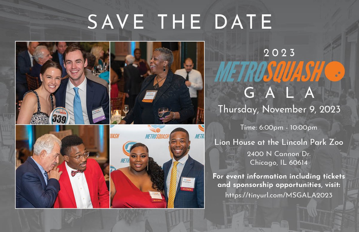 Join us on Thursday, November 9th, for the 2023 MetroSquash Annual Gala at the Lion House inside the Lincoln Park Zoo!  Purchase your Gala tickets and sponsorships now here and in our bio: metrosquash.rallybound.org/2023-metrosqua…