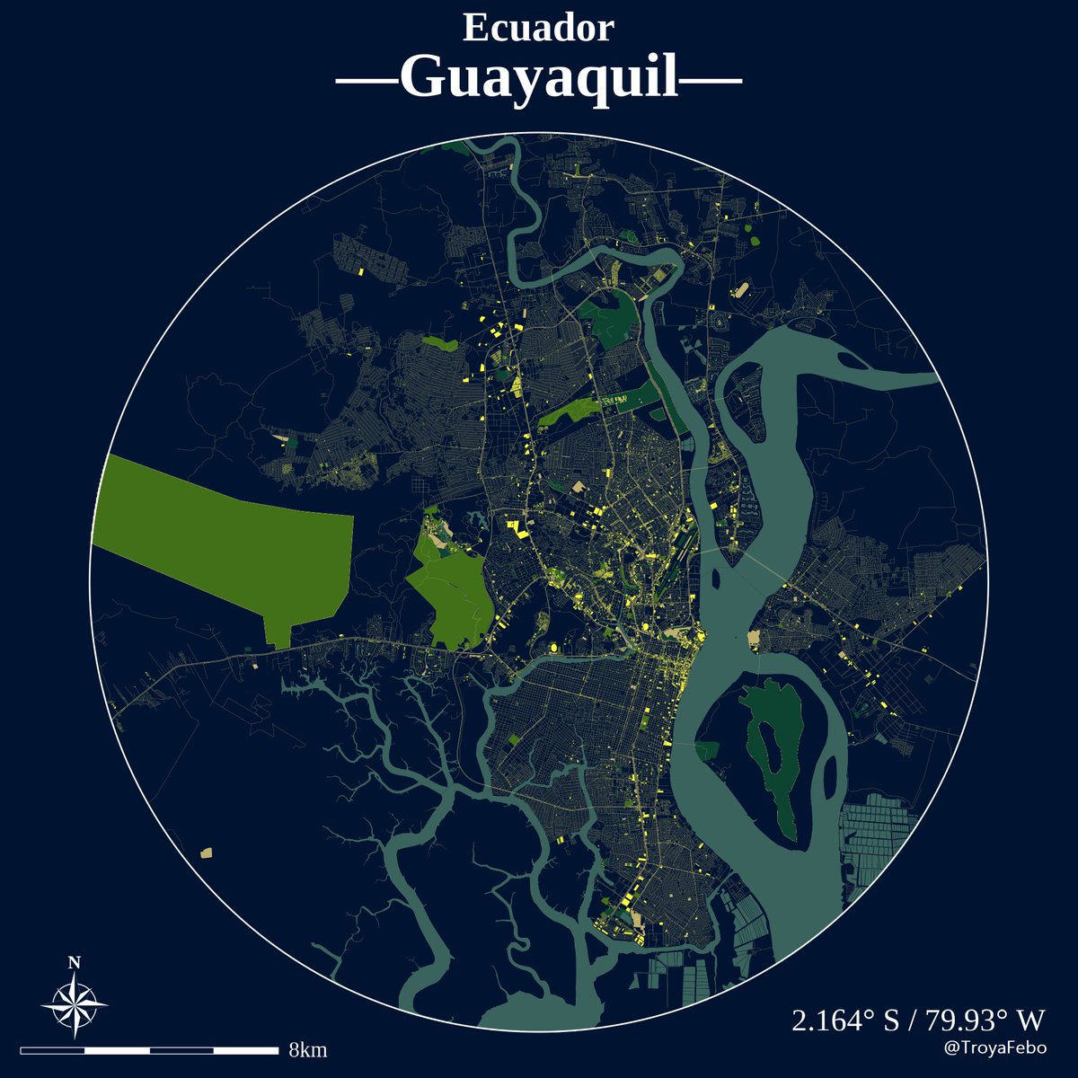 Artistic map of #Guayaquil - #Ecuador. Made from #OSM data and the #rcityviewers package (#R). It covers the city and the main urban development regions: #viaalacosta, #Samborondón, #Daule and #Salitre. #cartography #maps #mapping #geospatialdata #remotesensing #rstudio