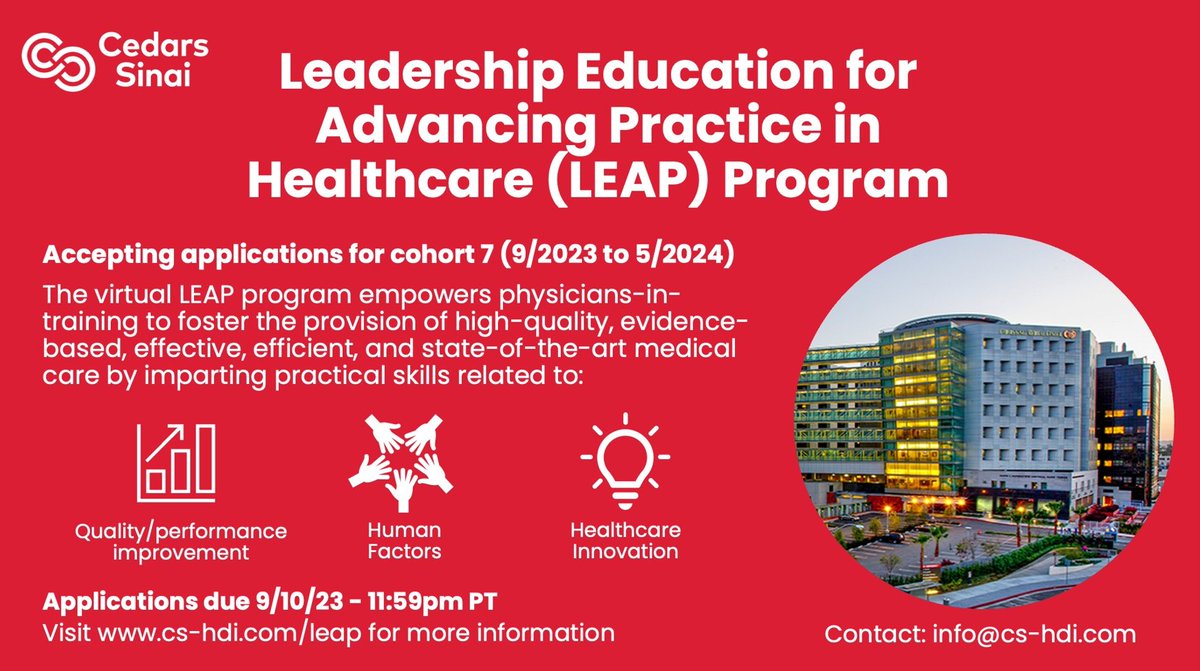 Last Chance!📣 The applications for the Leadership Education for Advancing Practice in Healthcare (LEAP) Program has been extended through 9/10/2023! For more information visit: cs-hdi.com/leap @TaraCohenPhD @MonicaJL_MD