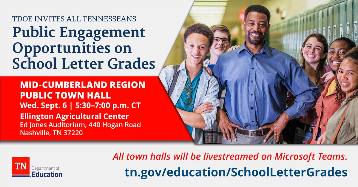 TNedu's tweet image. HAPPENING TONIGHT: How should an A, B, C, D, or F letter grade look like for schools in Tennessee? Explore possibilities with us at our #SchoolLetterGradesTN Public Town Hall in Middle TN at the Ellington Agricultural Center, starting at 5:30 p.m. CT.