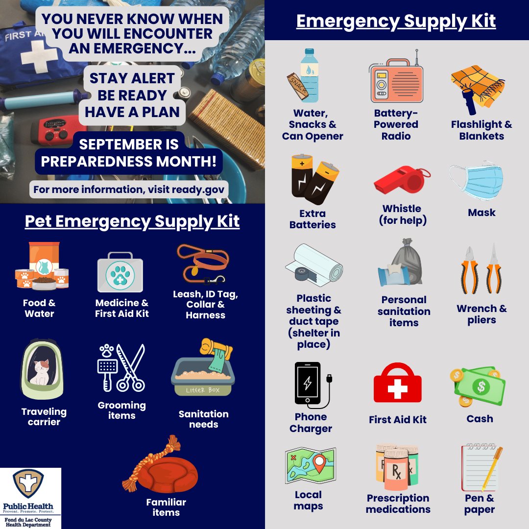 fonddulaccounty's tweet photo. As we close out #NationalPreparednessMonth, let this be one more to put together an #EmergencyKit for you and your loved ones! You never know when you will encounter an emergency... Stay Alert, Be Ready and Have a Plan!

For more information, visit https://t.co/7n1cLos4C8 https://t.co/3dZ8jZywUI