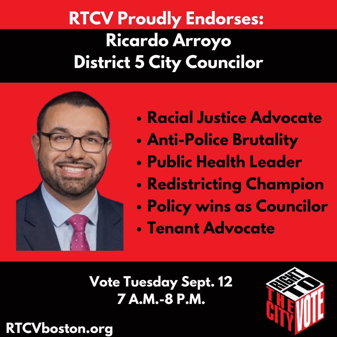 RTCVBoston's tweet photo. We are proud to endorse @RicardoNArroyo for D5 city councilor and @CllrKendraLara for D6 city councilor on the Boston City Council.

The preliminary election is Tues Sept 12th, polls open 7am to 8pm. 

Learn more &amp; donate to support our candidates! https://t.co/i297U2BOrF