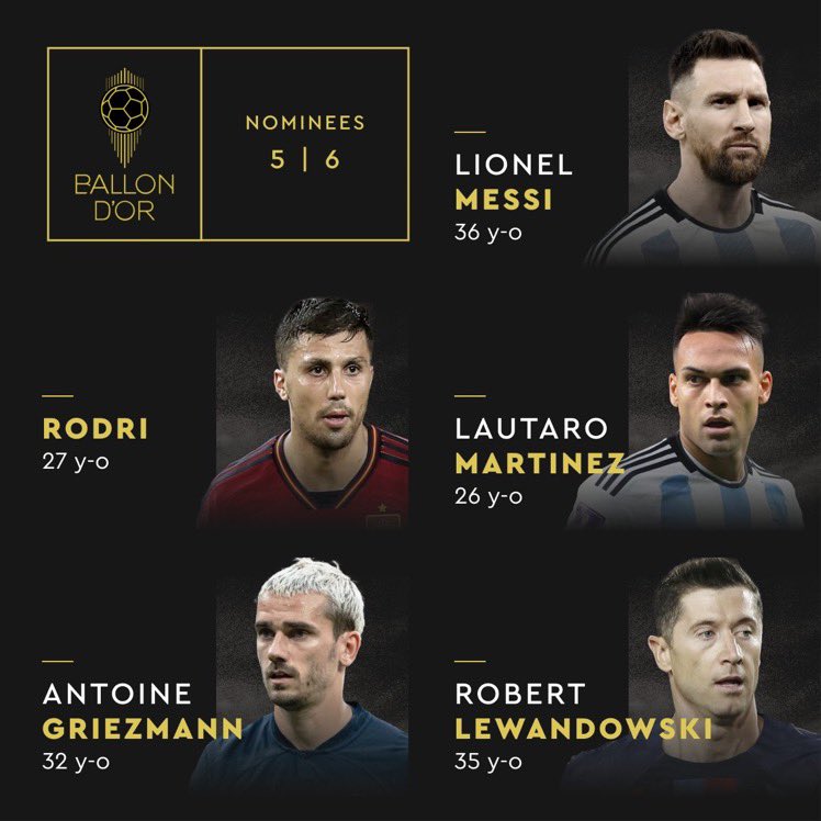fakefutt's tweet photo. MESSI, entre los FAVORITOS al BALÓN DE ORO:

🇦🇷Leo Messi
🇪🇸Rodri Hernández
🇫🇷Antoine Griezmann
🇵🇱Robert Lewandowski
🇦🇷Lautaro Martínez

#BallonDor https://t.co/ZgWWutn4E8