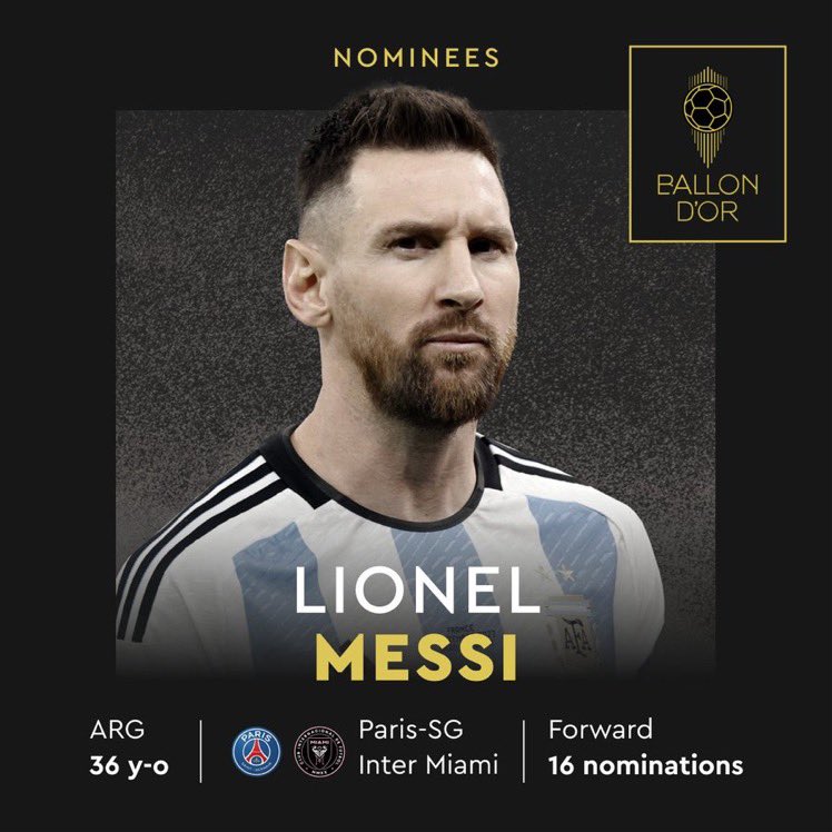 fakefutt's tweet photo. Lionel Andrés Messi, nominado por décima sexta vez al Balón de Oro 2023.

#Messi #BallonDor https://t.co/7AjFQzYmpE