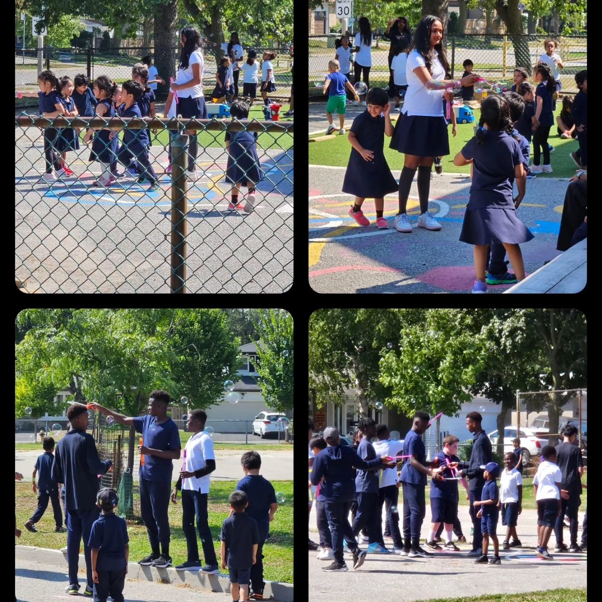 Grade 8s blowing bubbles with younger students. Learning of their leadership and influence within the school. Also, understanding the importance of community building across all grades of a school community. @TCDSB @TCDSB_Peterson  #schoolcommunity #schoolpride