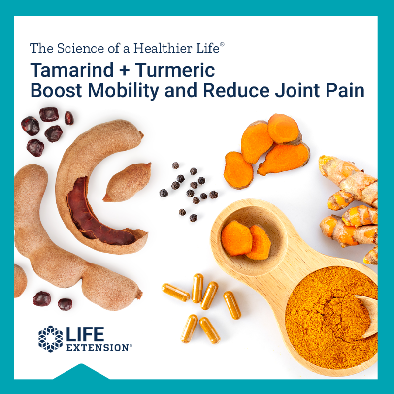 LifeExtension's tweet photo. A blend of #tamarind seed and #turmeric extracts given to adults without #arthritis in a randomized, placebo controlled clinical trial yielded impressive results! 🏃 #curcumin #joints #jointhealth #agingjoints #wellness #health #longevity
