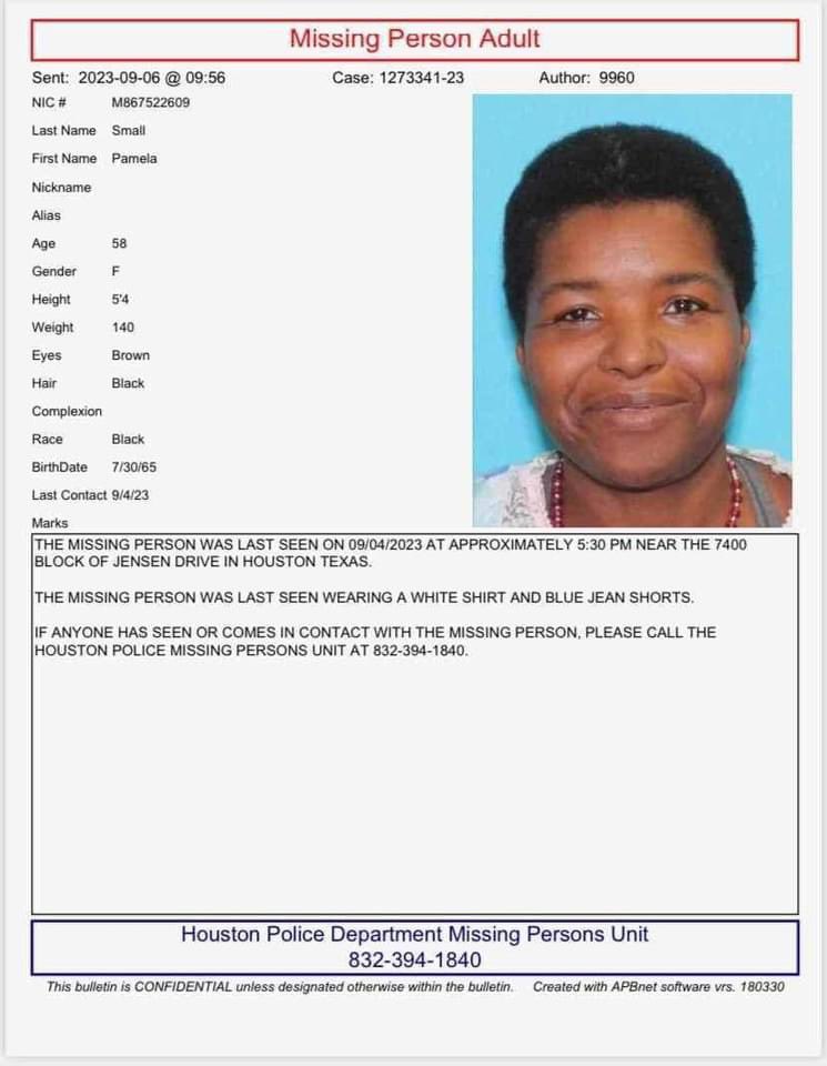 Houston Police Seek Public’s Assistance in Locating Missing Adult, Pamela Small:
