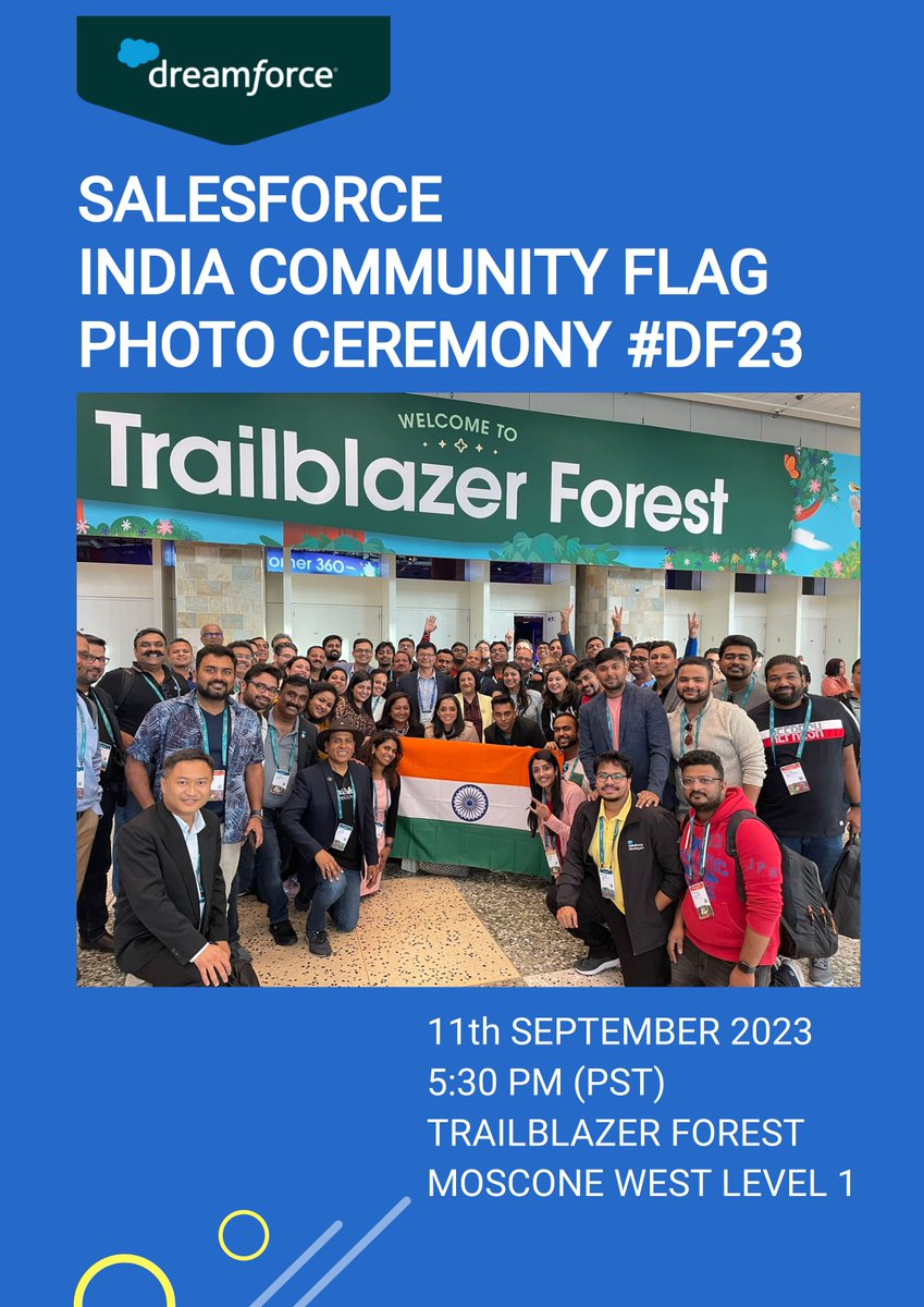 Dreamforce 2023 is around the corner, we are looking forward to network, learn and explore all things around #AI #Data #CRM On behalf of Indian Salesforce community we extend our warm invite to all Indian #DF23 attendees for annual ceremony of taking a Community picture with🇮🇳
