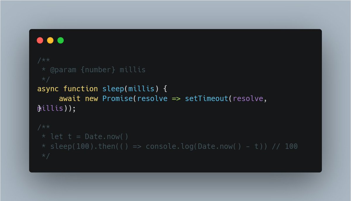 Day: 6
The sleep function takes a positive integer millis as input.
It then creates a Promise that resolves after millis milliseconds using the setTimeout function.
#AlgorithmSeptember #WebDevelopment #JavaScript #Algorithms #Careerwise #AlgoSept @RebaseAcademy #30daysAlgo