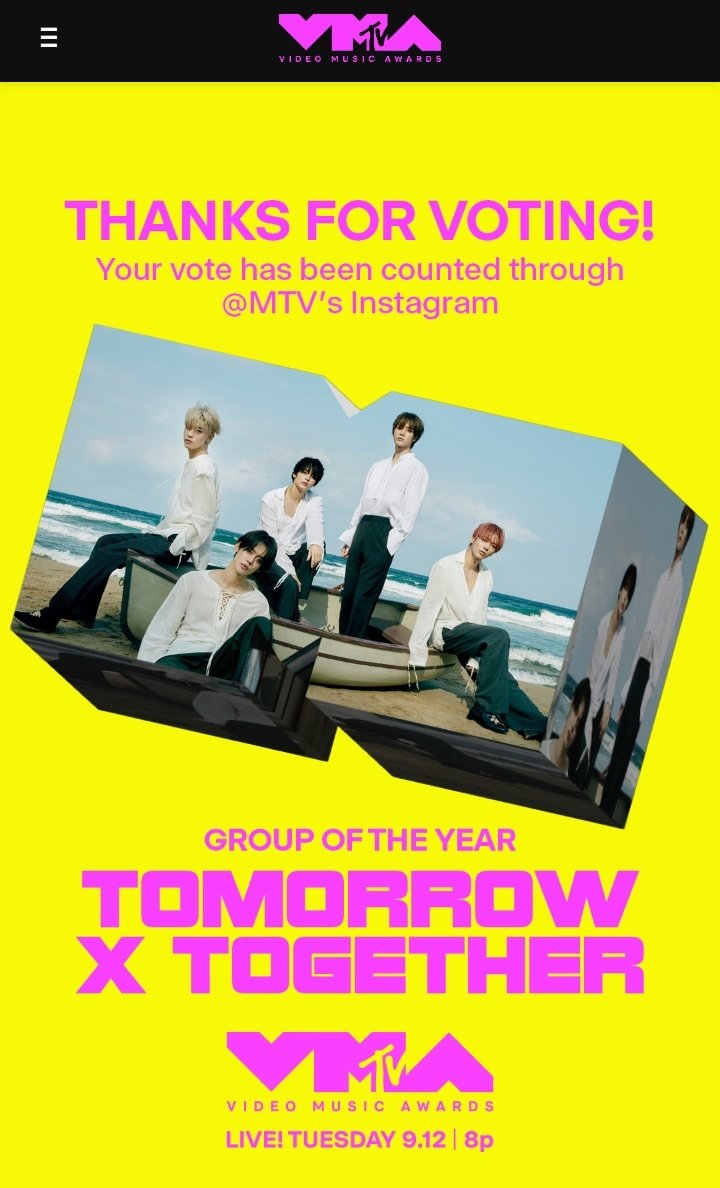 🚨 FINAL ROUND HAS STARTED 🚨!

How to vote:
1. Go to Instagram &amp; search <a href="/MTV/">MTV</a>
2. Open <a href="/MTV/">MTV</a>'s stories &amp; tap the voting link for #TOMORROW_X_TOGETHER REPEATEDLY.

Note: tapping is unlimited. The Final Round is a competition against TIME.

#TXTforGOTY 
TXT FOR GROUP OF THE YEAR