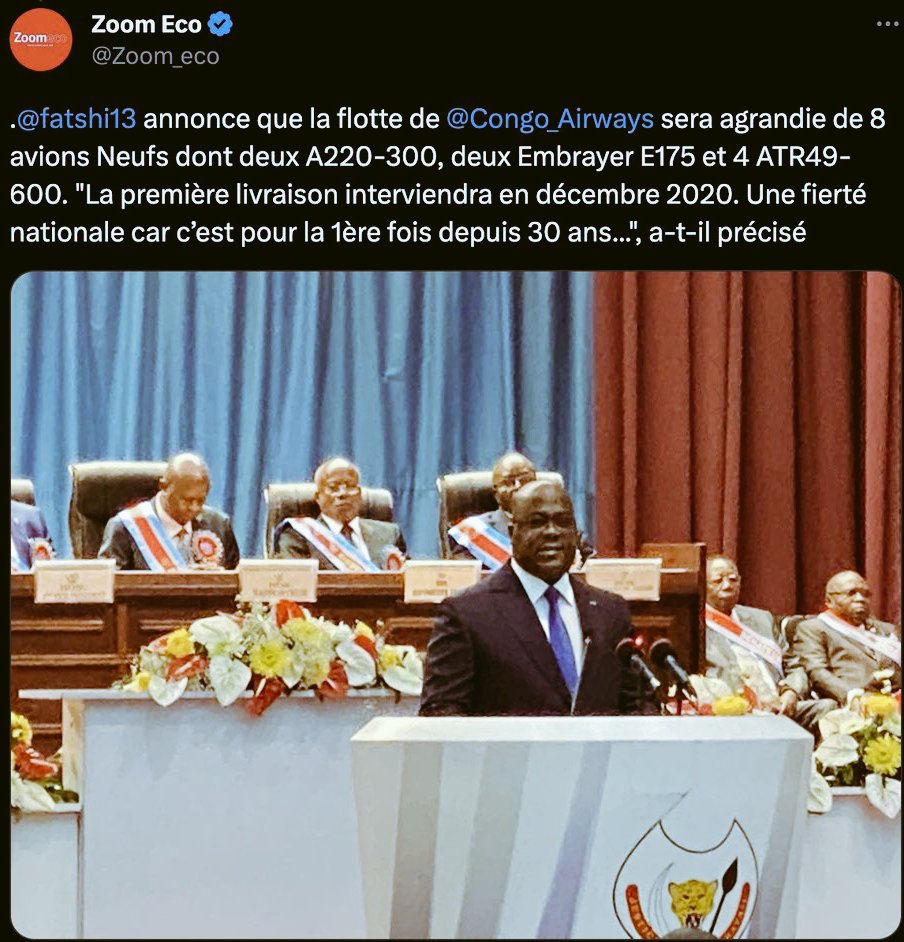 Peguynyembo243's tweet image. #RDC Chers compatriotes M. Tshilombo avait promis en 2019 l'arrivée de 8 avions neufs dont deux A220-300, 2 Embrayer E175 et 4 ATR49-600. Il avait insisté en disant que la première livraison allait intervenir en décembre 2020. Nous sommes en 2023, où est-ce que nous en sommes ?